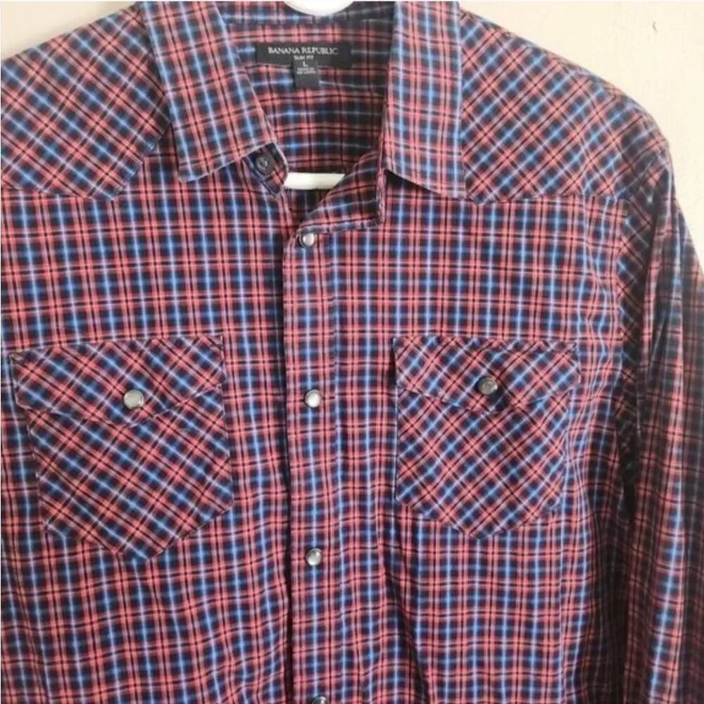 M70 Banana Republic Slim Fit Men's Red & Blue Plaid Western Shirt w Pearly Snaps
